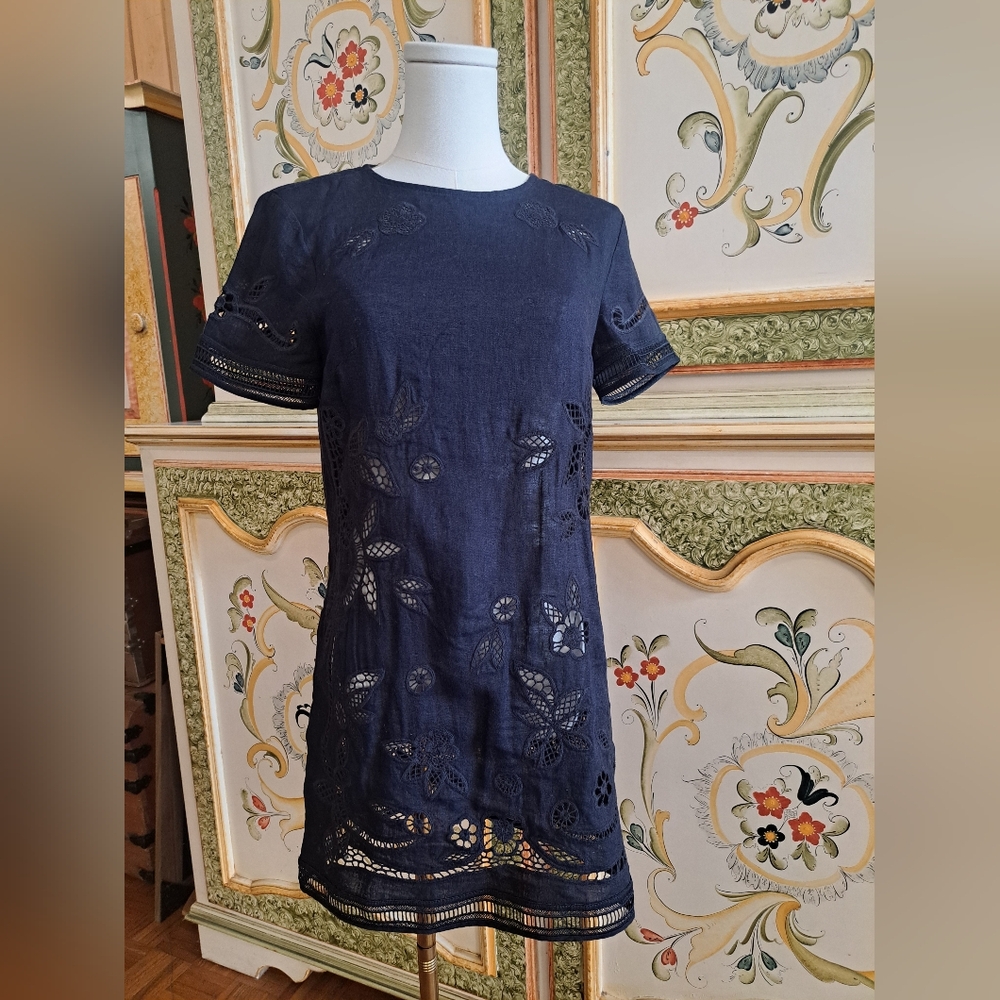 Navy Eyelet Short Sleeve Shift Dress